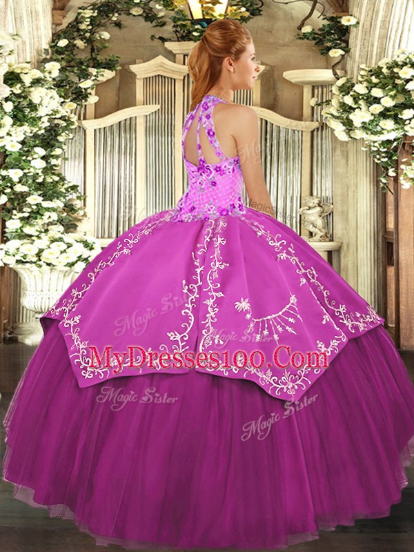 Eye-catching Halter Top Sleeveless Satin and Tulle Sweet 16 Quinceanera Dress Beading and Embroidery Lace Up