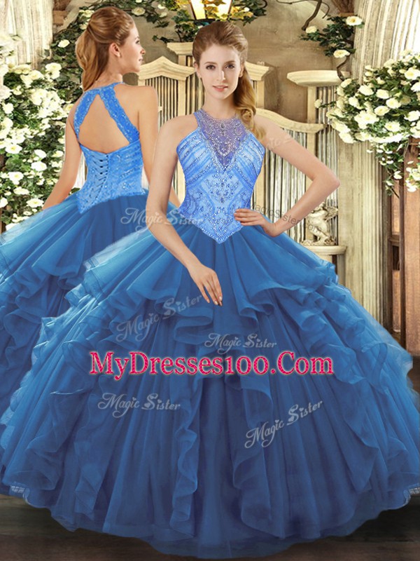 Blue Vestidos de Quinceanera Military Ball and Sweet 16 and Quinceanera with Beading and Ruffles High-neck Sleeveless Lace Up