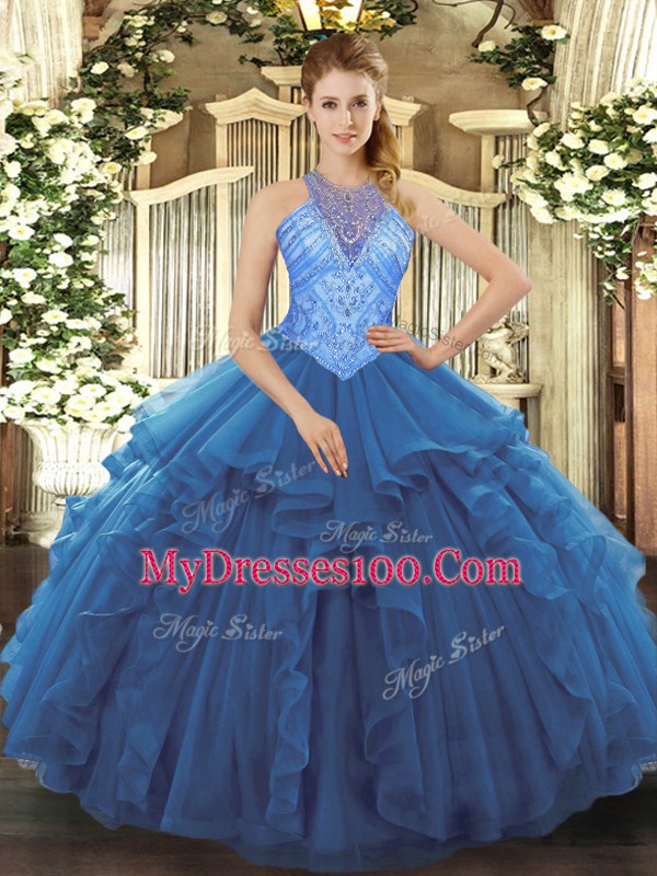 Blue Vestidos de Quinceanera Military Ball and Sweet 16 and Quinceanera with Beading and Ruffles High-neck Sleeveless Lace Up