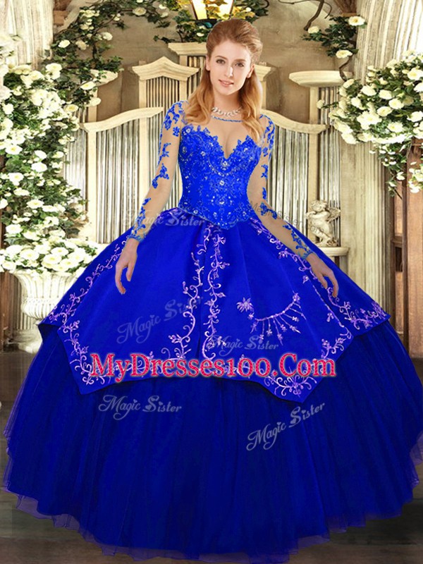 Customized Royal Blue Long Sleeves Lace and Embroidery Floor Length 15 Quinceanera Dress