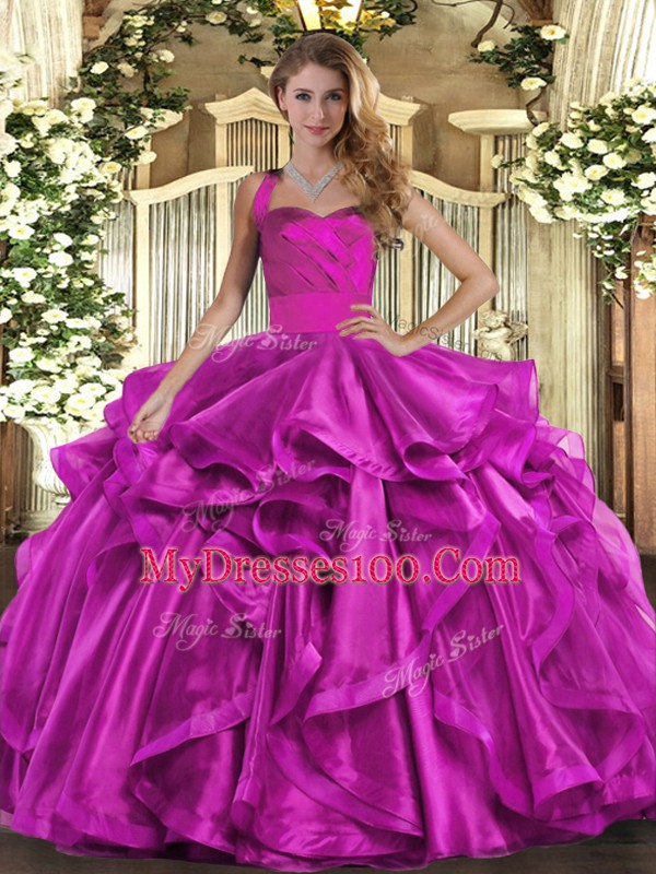 Stunning Organza Halter Top Sleeveless Lace Up Ruffles 15 Quinceanera Dress in Fuchsia