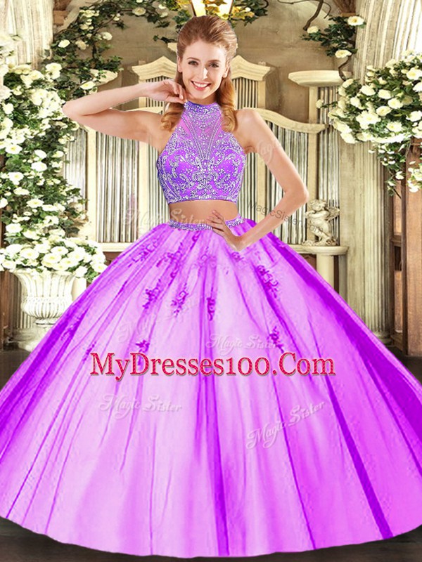 Lilac Tulle Criss Cross Halter Top Sleeveless Floor Length Ball Gown Prom Dress Beading