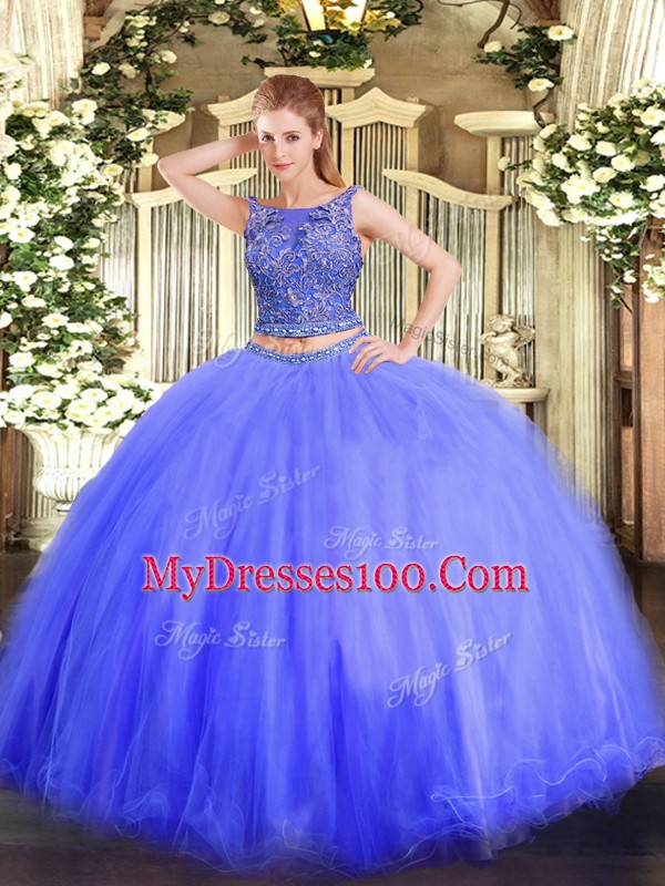 Blue Sleeveless Floor Length Beading Lace Up Quinceanera Dress