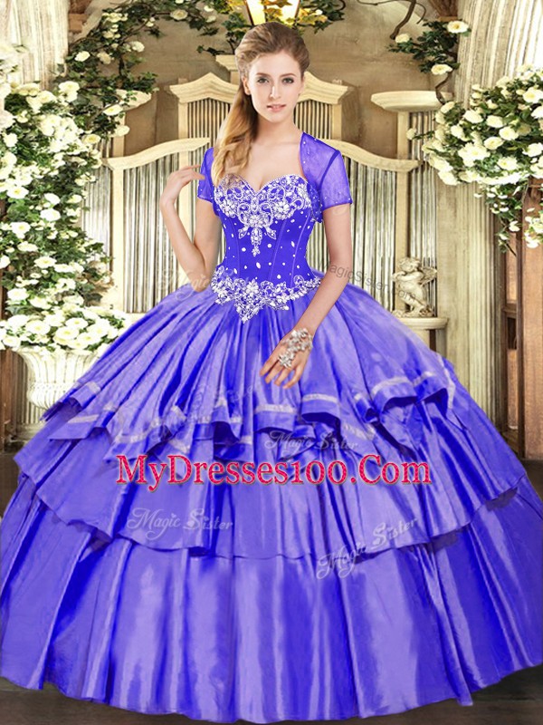 Sweet Floor Length Lace Up Quinceanera Gown Purple for Military Ball and Sweet 16 and Quinceanera with Beading and Ruffled Layers