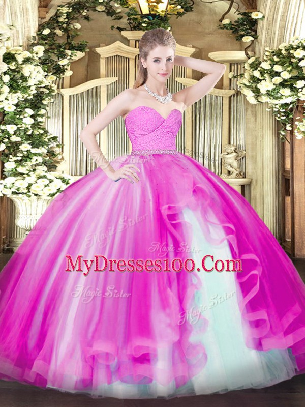 Fuchsia Zipper Quinceanera Gowns Beading and Lace and Ruffles Sleeveless Floor Length