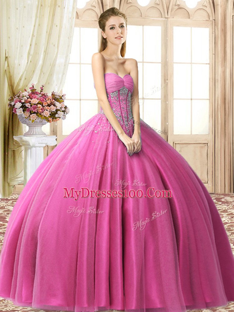Fuchsia Sleeveless Tulle Lace Up Sweet 16 Dress for Military Ball and Sweet 16 and Quinceanera