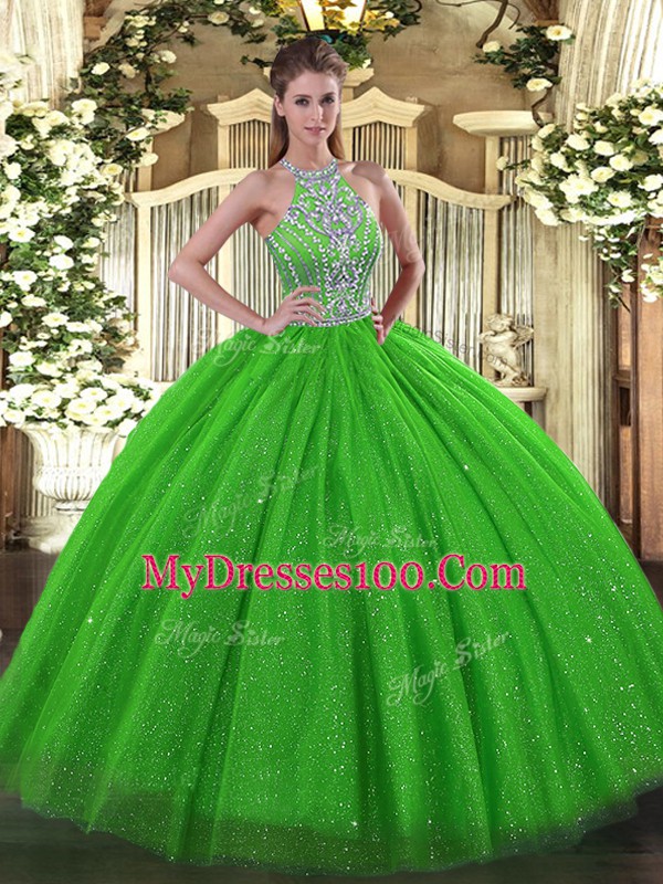 New Style Sleeveless Tulle Floor Length Lace Up 15th Birthday Dress in with Beading