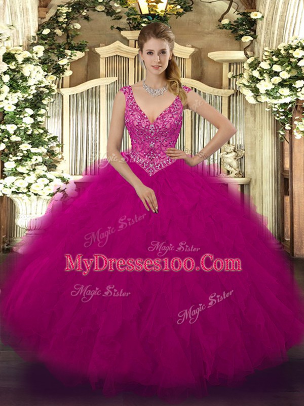 Excellent Floor Length Fuchsia Quinceanera Dress V-neck Sleeveless Zipper