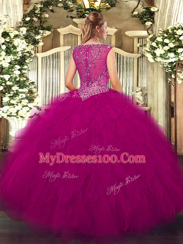 Excellent Floor Length Fuchsia Quinceanera Dress V-neck Sleeveless Zipper