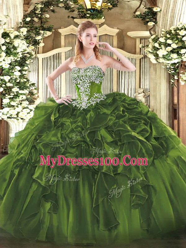 Floor Length Lace Up Quinceanera Dresses Olive Green for Military Ball and Sweet 16 and Quinceanera with Beading and Ruffles