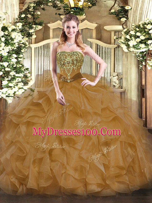 Decent Brown Strapless Neckline Beading and Ruffles Sweet 16 Quinceanera Dress Sleeveless Lace Up