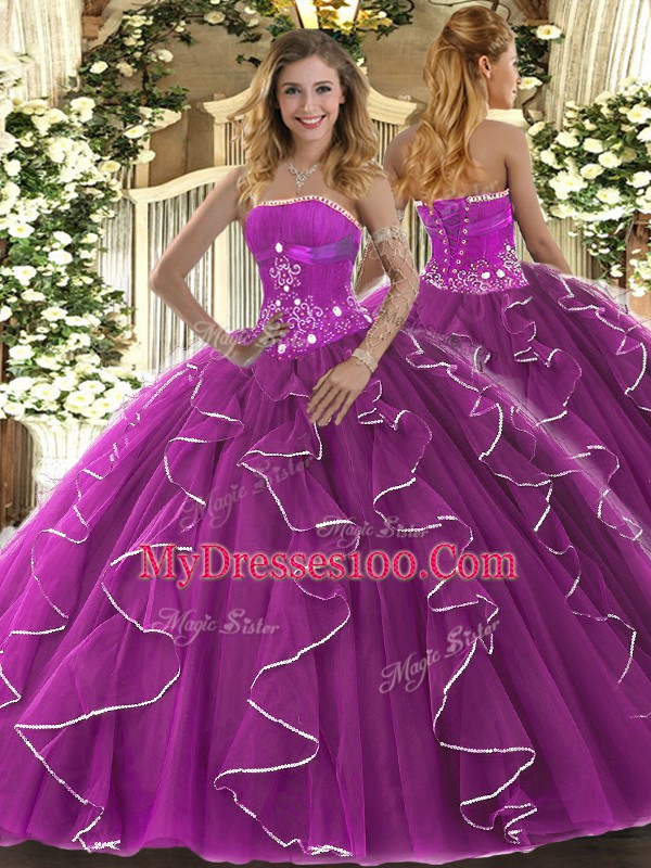 Sleeveless Beading and Ruffles Lace Up Quince Ball Gowns