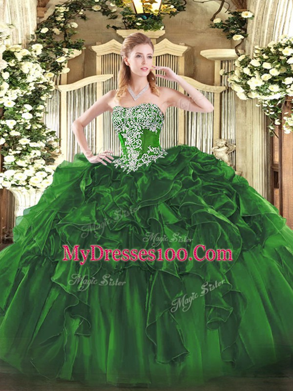 Fashion Sleeveless Lace Up Floor Length Beading and Ruffles Ball Gown Prom Dress