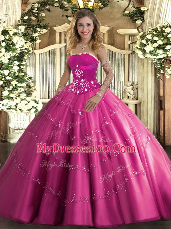 Customized Hot Pink Strapless Neckline Beading and Appliques Quince Ball Gowns Sleeveless Lace Up