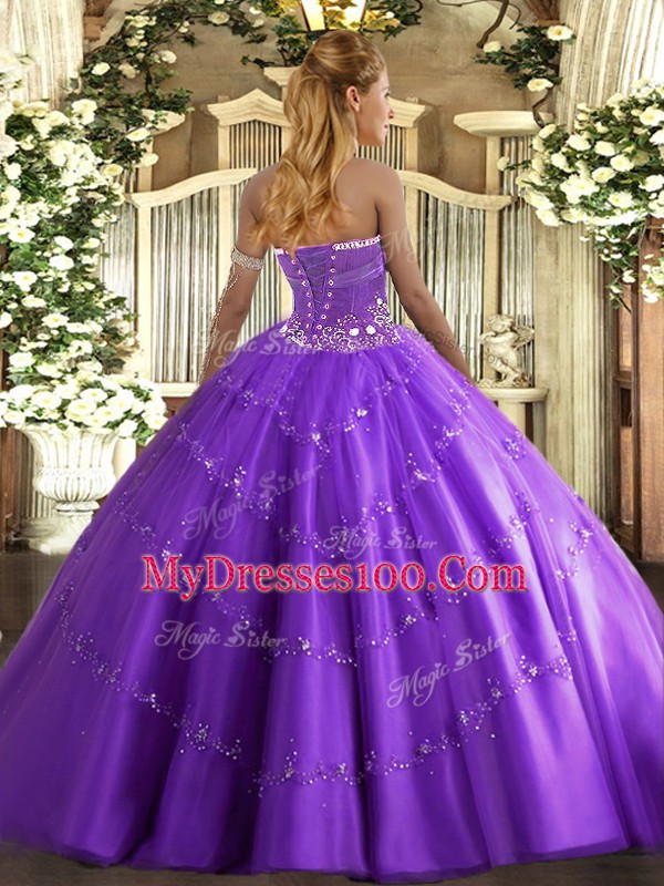 Customized Hot Pink Strapless Neckline Beading and Appliques Quince Ball Gowns Sleeveless Lace Up