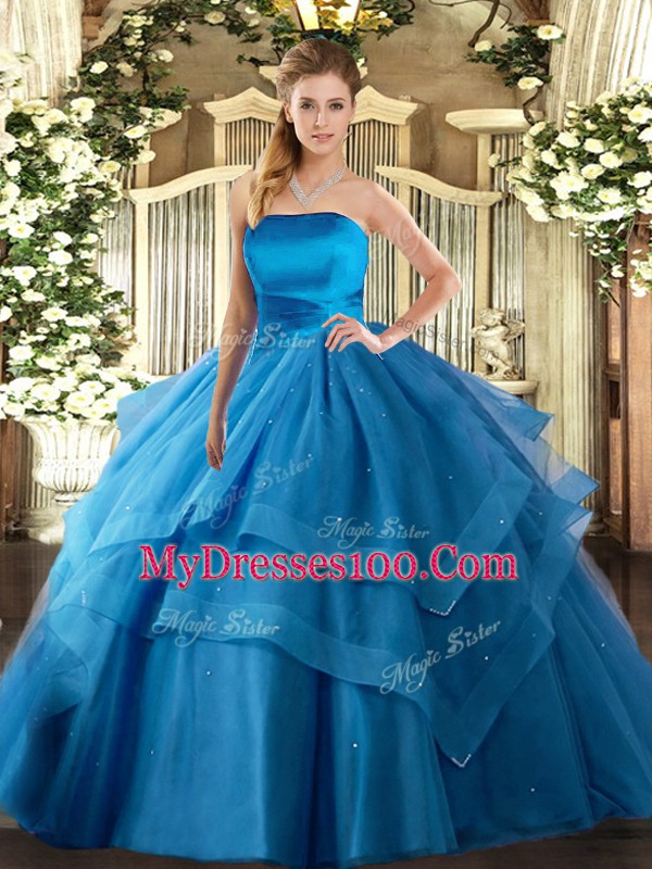 Baby Blue Ball Gowns Ruffled Layers Quinceanera Dresses Lace Up Tulle Sleeveless Floor Length
