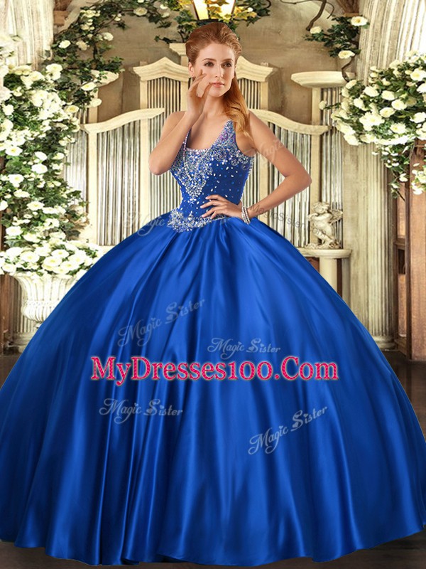 Straps Sleeveless Satin Sweet 16 Dress Beading Lace Up