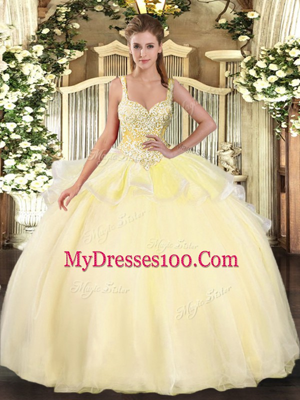 Fitting Gold Sleeveless Floor Length Beading Lace Up 15th Birthday Dress