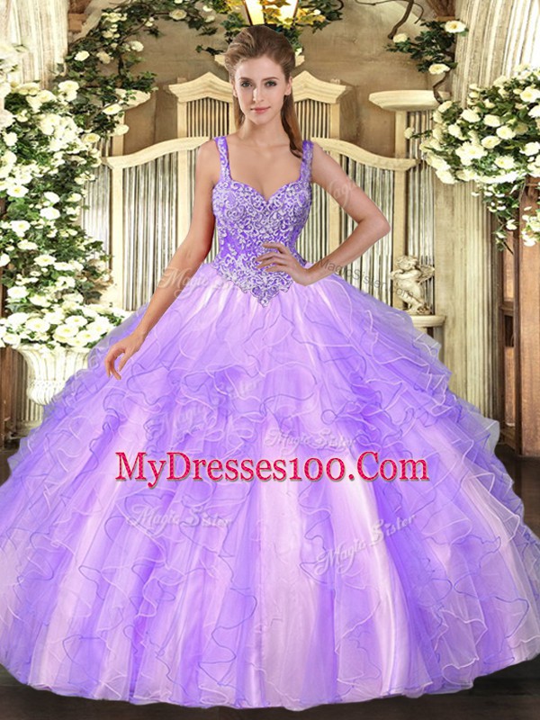 Floor Length Lavender Quinceanera Dresses Straps Sleeveless Lace Up