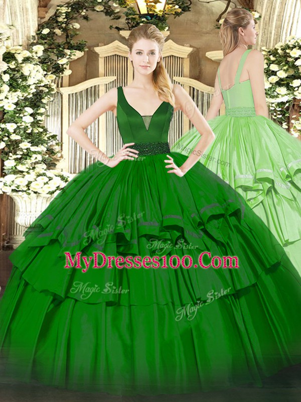 Green Sweet 16 Quinceanera Dress Military Ball and Sweet 16 and Quinceanera with Beading and Ruffled Layers Straps Sleeveless Zipper