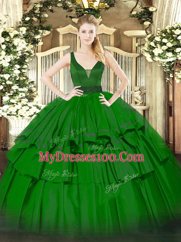 Green Sweet 16 Quinceanera Dress Military Ball and Sweet 16 and Quinceanera with Beading and Ruffled Layers Straps Sleeveless Zipper