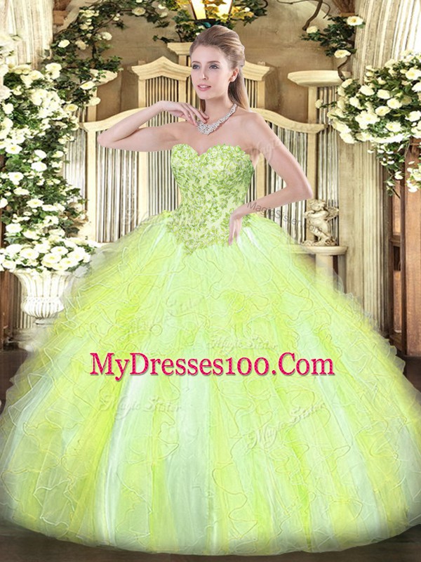 Cute Tulle Sleeveless Floor Length Quinceanera Gowns and Appliques and Ruffles