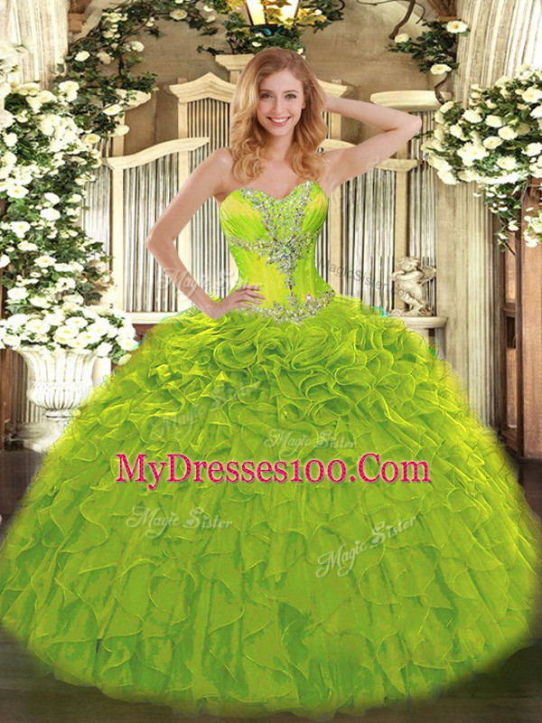 Amazing Floor Length Lace Up Quinceanera Dress Olive Green for Sweet 16 and Quinceanera with Beading and Ruffles