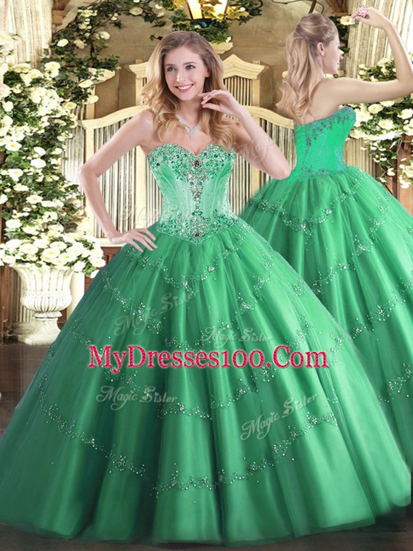 Turquoise Ball Gowns Beading and Appliques Quinceanera Gown Lace Up Tulle Sleeveless Floor Length