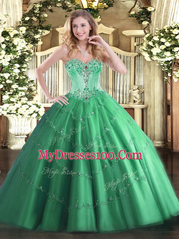 Turquoise Ball Gowns Beading and Appliques Quinceanera Gown Lace Up Tulle Sleeveless Floor Length