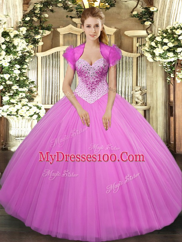 Beading 15 Quinceanera Dress Lilac Lace Up Sleeveless Floor Length