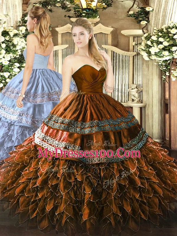 Sleeveless Organza and Taffeta Floor Length Zipper Quinceanera Gown in Brown with Embroidery and Ruffles