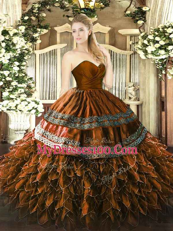 Sleeveless Organza and Taffeta Floor Length Zipper Quinceanera Gown in Brown with Embroidery and Ruffles