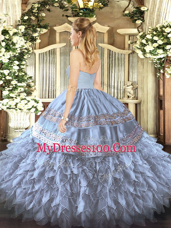Sleeveless Organza and Taffeta Floor Length Zipper Quinceanera Gown in Brown with Embroidery and Ruffles