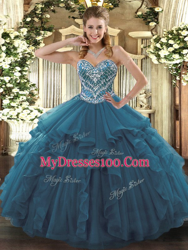 Elegant Teal Sleeveless Tulle Lace Up Quinceanera Dress for Military Ball and Sweet 16 and Quinceanera