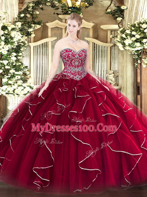 Modest Floor Length Wine Red Quinceanera Gowns Sweetheart Sleeveless Lace Up