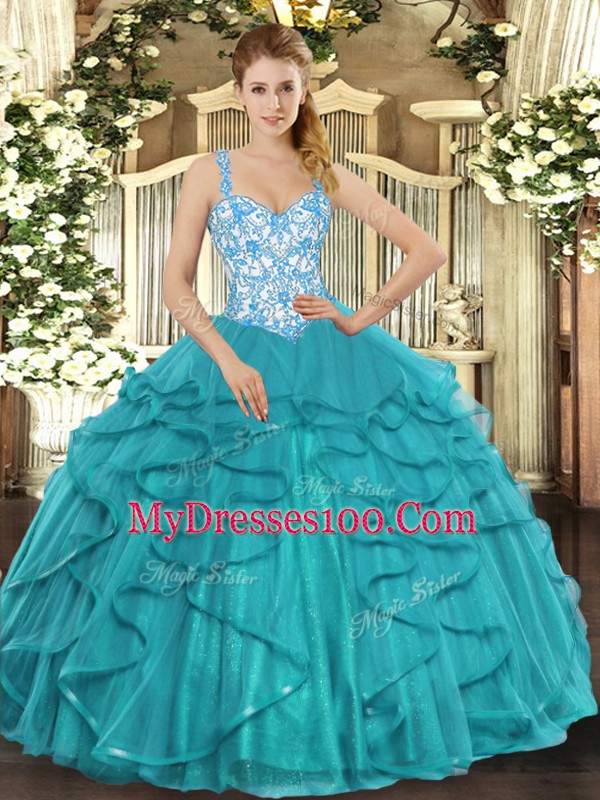 Fitting Teal Ball Gowns Beading and Ruffles Vestidos de Quinceanera Lace Up Tulle Sleeveless Floor Length