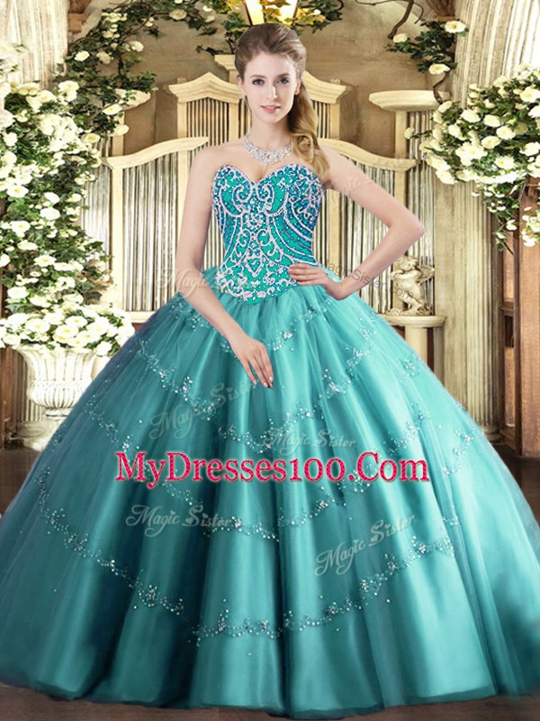 Glittering Teal Tulle Lace Up Quinceanera Dresses Sleeveless Floor Length Beading and Appliques