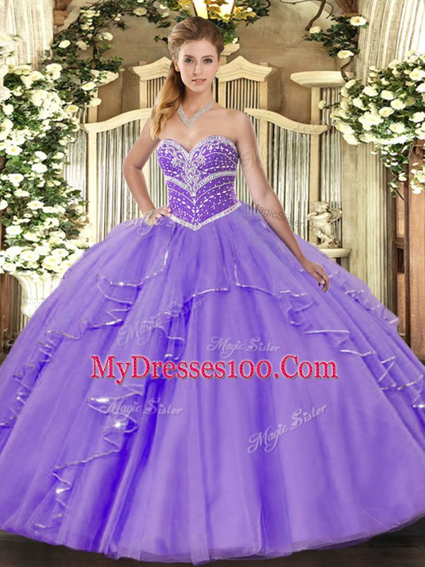 New Style Lavender Ball Gowns Beading and Ruffles 15th Birthday Dress Lace Up Tulle Sleeveless Floor Length