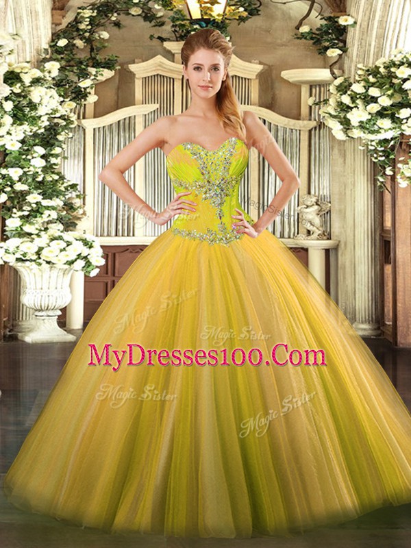 Ball Gowns 15 Quinceanera Dress Gold Sweetheart Tulle Sleeveless Floor Length Lace Up
