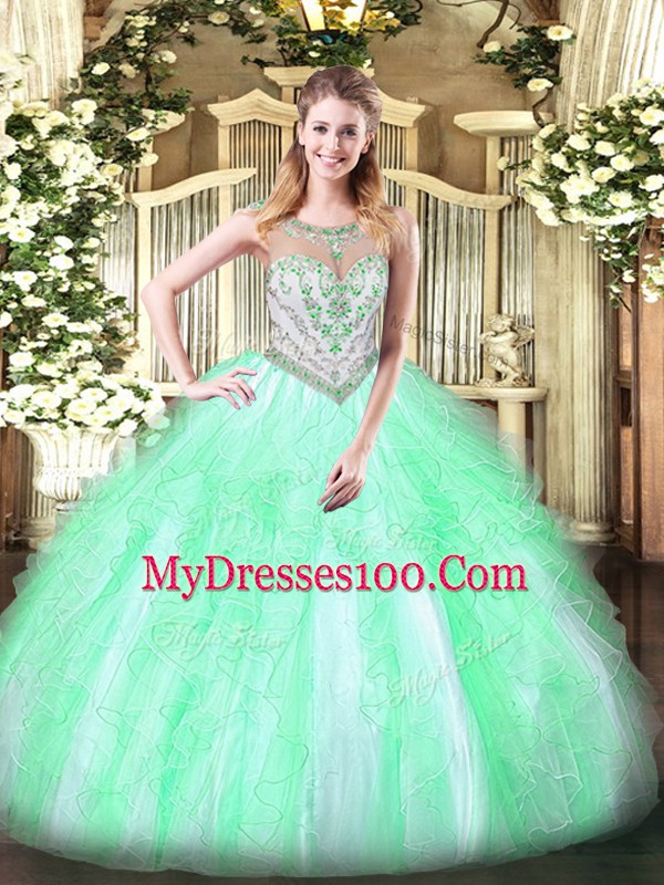 Scoop Sleeveless Tulle Quinceanera Dress Beading and Ruffles Zipper