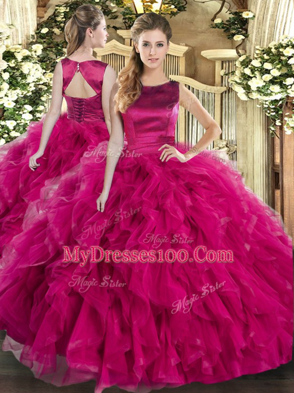 Suitable Floor Length Fuchsia Sweet 16 Dress Tulle Sleeveless Ruffles