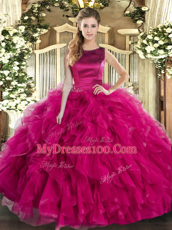 Suitable Floor Length Fuchsia Sweet 16 Dress Tulle Sleeveless Ruffles