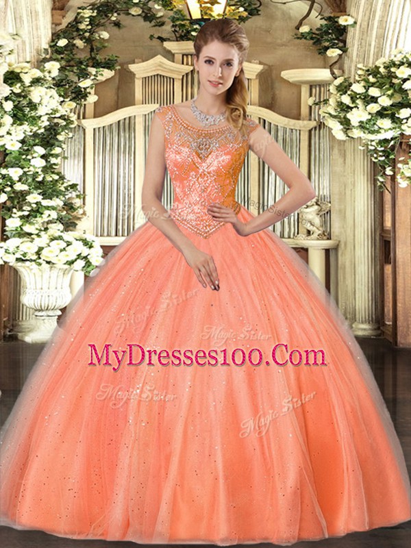 Orange Red Lace Up Scoop Beading Vestidos de Quinceanera Tulle Sleeveless