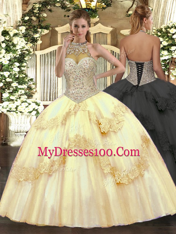 Gold Halter Top Lace Up Beading and Appliques Vestidos de Quinceanera Sleeveless