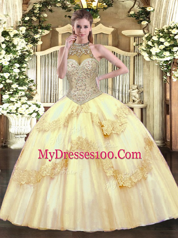 Gold Halter Top Lace Up Beading and Appliques Vestidos de Quinceanera Sleeveless