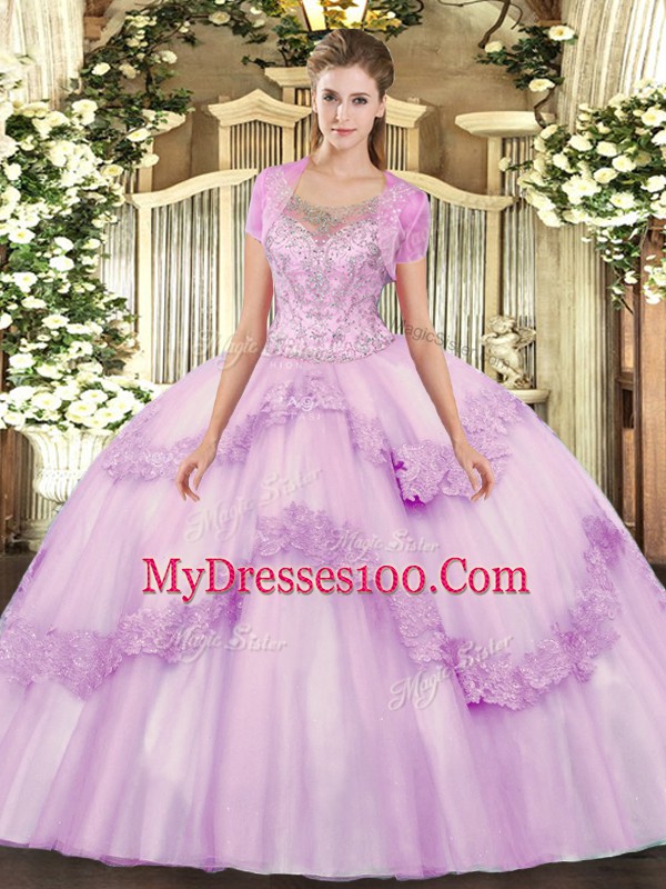 Trendy Lilac Ball Gowns Beading and Appliques Quince Ball Gowns Clasp Handle Tulle Sleeveless Floor Length
