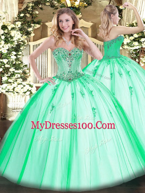 Hot Sale Apple Green Ball Gowns Sweetheart Sleeveless Tulle Floor Length Lace Up Beading and Appliques Sweet 16 Dresses