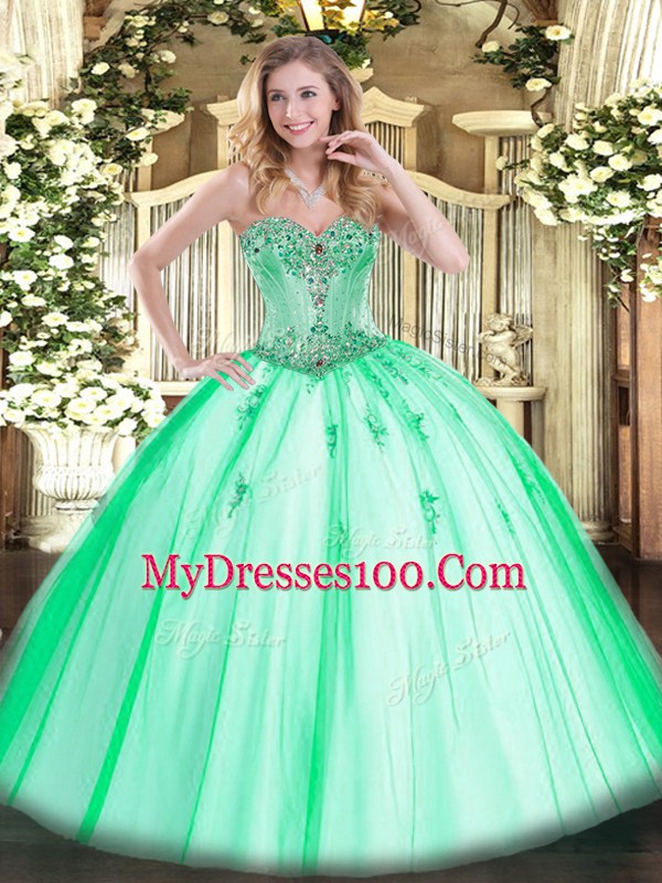 Hot Sale Apple Green Ball Gowns Sweetheart Sleeveless Tulle Floor Length Lace Up Beading and Appliques Sweet 16 Dresses