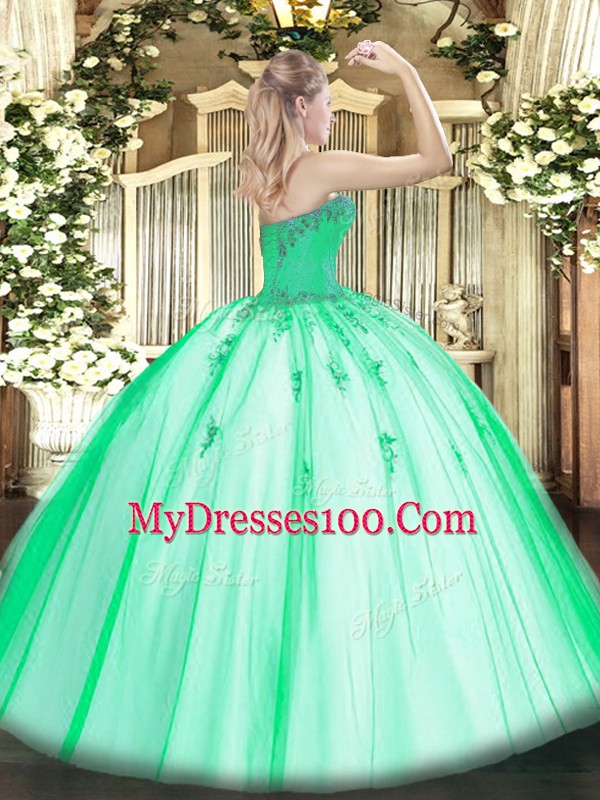 Hot Sale Apple Green Ball Gowns Sweetheart Sleeveless Tulle Floor Length Lace Up Beading and Appliques Sweet 16 Dresses
