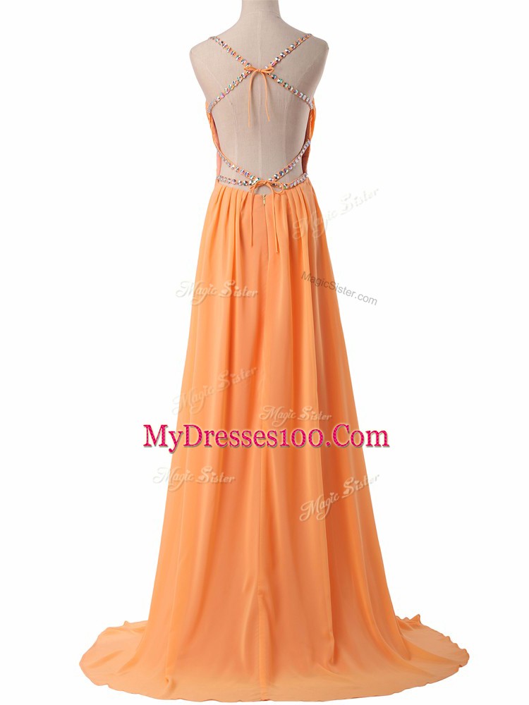 Turquoise Empire Chiffon Spaghetti Straps Sleeveless Ruching Backless Prom Dresses Sweep Train